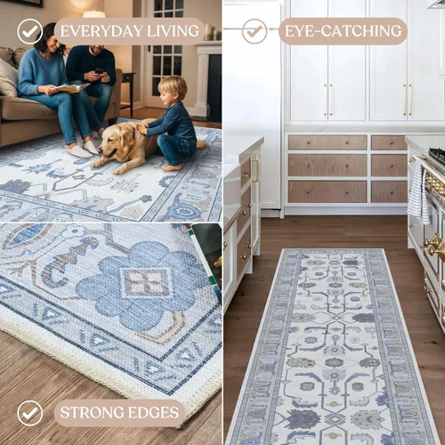 Miniatura 6 de Fame Living Alfombra Oushak Crema Azul, Alfombras Pequeñas Modernas, Vintage, Turca, Ecléctica, Floral, Pastel, Lavable, Tapete para Puerta, Felpudo