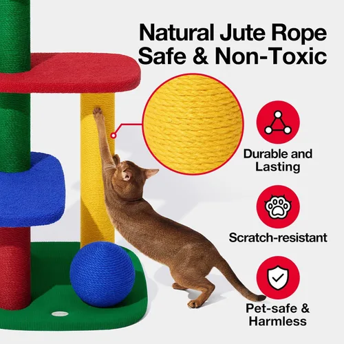 Miniatura 3 de VETRESKA Torre para gatos de varios niveles de 38.6 pulgadas, árbol para gatos con plataforma, postes rascadores de sisal y bola para rascar, centro