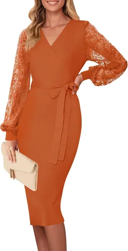 MEROKEETY Vestido de suéter de manga larga con cuello en V para mujer, sexy, de punto envolvente, ajustado, con cinturón
