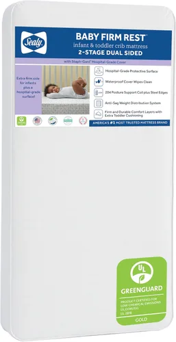 Sealy Baby Colchón antibacteriano para cuna de descanso firme de 2 etapas, resistente al agua, más cama para niños, 204 bobinas de acero, no tóxico,