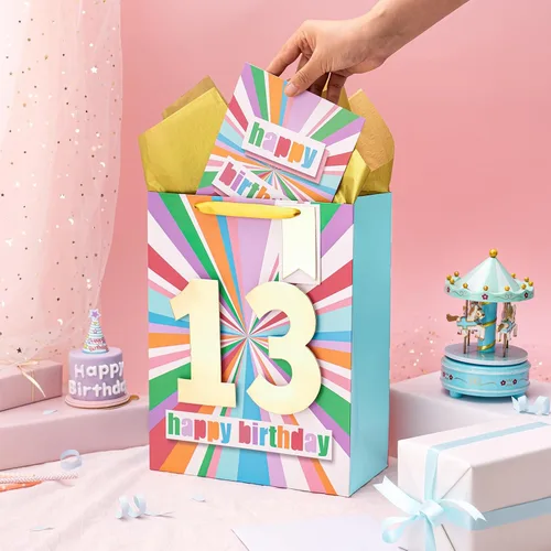 Miniatura 7 de WRAPAHOLIC Bolsa de regalo de cumpleaños grande de 13 pulgadas con tarjeta y papel de seda - 13 cumpleaños