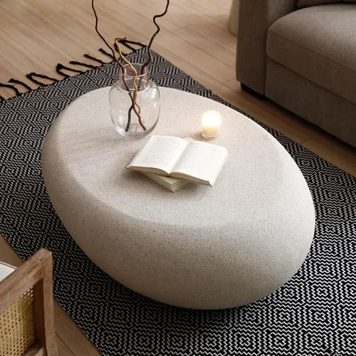 Miniatura 32 de Ø35.43'' Mesa de café redonda para sala de estar, moderna mesa de café en forma de tambor, material de fibra de vidrio, sin ensamblaje, beige