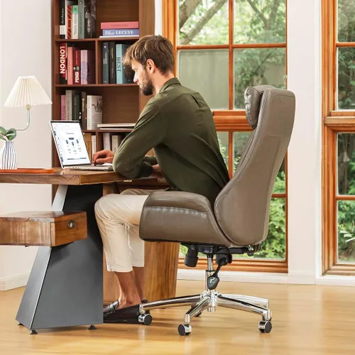 Miniatura 6 de Glitzhome Mid-Century - Silla de oficina giratoria ajustable de piel sintética con respaldo alto, silla de trabajo ajustable con soporte lumbar