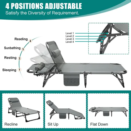Miniatura 5 de DoCred Sillón plegable, 5 posiciones, ajustable, plegable, cama para dormir, tumbona, tumbona, perfecta para tomar el sol, campamento, piscina