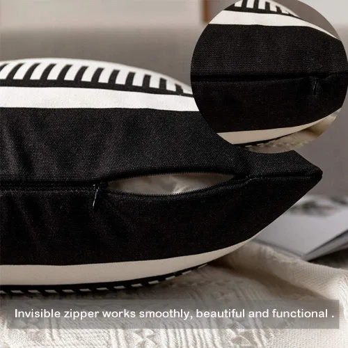 Miniatura 4 de Funda de almohada bohemia de color blanco y negro con piel, funda de cojín moderna de 22 x 22 pulgadas, funda de almohada de rayas estilo campestre