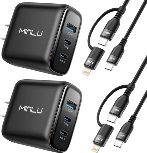 Miniatura 9 de MINLU GaN - Bloque de cargador USB C de 65 W, cargador de pared compacto de 3 puertos tipo C con cable USB-C/L 2 en 1 de 6 pies, 100 W, carga rápida