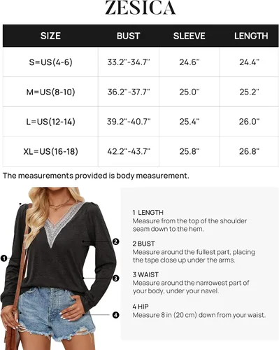 Miniatura 6 de ZESICA Camisetas casuales de manga larga para mujer, con cuello en V, de encaje, básicas, para verano y otoño