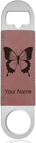 Miniatura 12 de LaserGram Abrebotellas, mariposa cola de golondrina, grabado personalizado incluido (cuero sintético, negro y dorado)