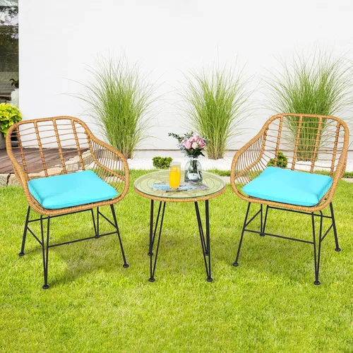 Miniatura 7 de KOTEK Juego de 3 piezas de patio bistró, juego de conversación de ratán para exteriores con mesa de centro de cristal y cojines de asiento, juego