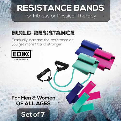 Miniatura 5 de EDX Bandas de resistencia con asas para entrenamientos, ejercicio, fitness, estiramiento, terapia física, juego de 7, colores surtidos