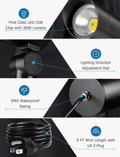 Miniatura 4 de SUNVIE - Paquete de 2 focos LED para exteriores de 30 W, foco ultrabrillante de 120 V, 3000 lm, con poste de bandera de metal, luz de inundación