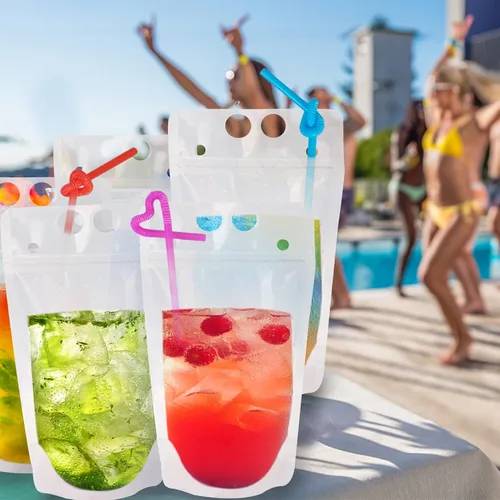 Miniatura 7 de Ozera - 100 bolsas de bebidas, bolsas de jugo de 16 onzas con 100 popotes y embudo Cremallera sellada, bolsas de jugo de batido de mano