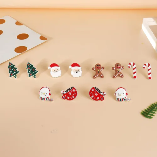 Miniatura 4 de Juego de 20 pares de aretes de Navidad para mujer, campanas de árbol de Navidad, lazos de copo de nieve, aretes de tuerca de Navidad para niñas