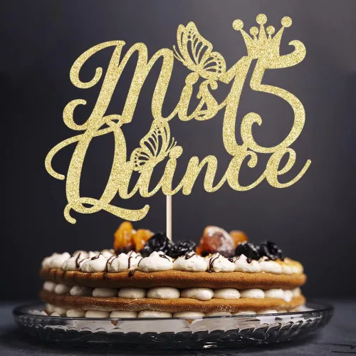 Miniatura 7 de Kaoenla Mis membrillo 15 para tartas dorado con purpurina para cumpleaños 15, saludos a los 15 años, quinceañera, decoraciones de feliz cumpleaños