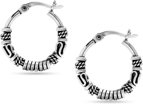 Miniatura 5 de LeCalla Aretes de aro balinesa oxidados de plata de ley 925, pequeños aretes de aro con cuentas de Bali antiguos para mujer