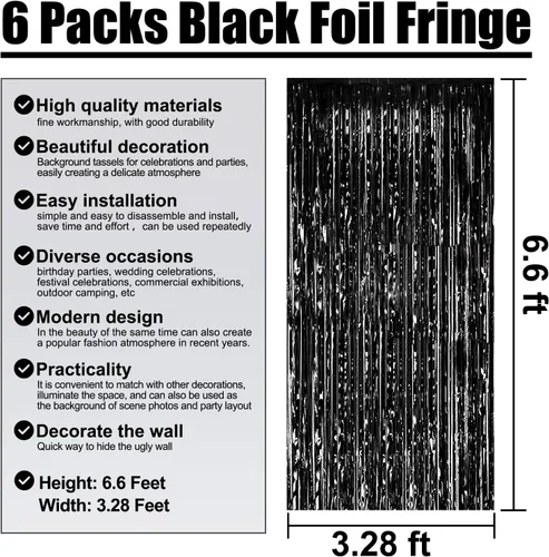 Miniatura 2 de Paquete de 6 cortinas de flecos de papel de aluminio negro, 3.28 pies x 6.6 pies, cortinas metálicas de oropel con flecos para cabina de fotos