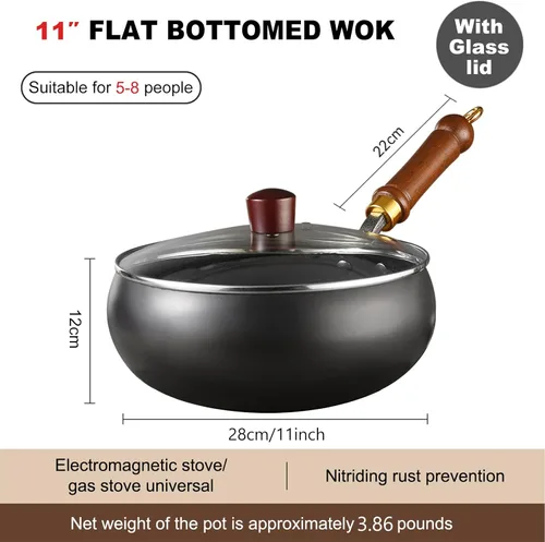 Miniatura 2 de Wok de acero al carbono, woks de 11 pulgadas y sartenes para freír con tapa de vidrio, wok antiadherente de fondo plano, pequeño wok chino hecho a