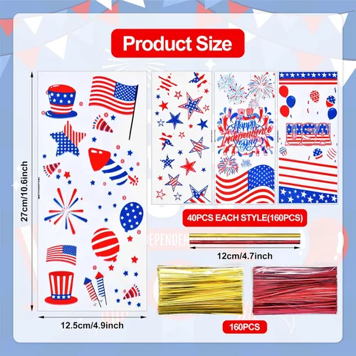 Miniatura 2 de 160 piezas de 4 estilos de bolsas de regalo de celofán para el 4 de julio con lazos de torsión, diseños de bandera patriótica de EE. UU., estrellas
