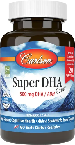 Carlson - Gemas Super DHA, suplementos de DHA de 500 mg, 640 mg de ácidos grasos, concentrado de aceite de pescado ártico noruego capturado en la