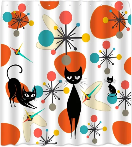 Miniatura 4 de Cortina de ducha de gato negro de mediados de siglo, moderna atómica, abstracta, geométrica, icónico, patrón retro de gatito negro de los años 50