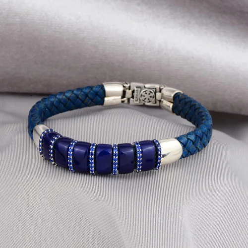 Miniatura 2 de Pulsera de cuero azul plateado para hombre, pulsera de piedra de zafiro natural pulsera de cuero genuino, pulsera de piedra de zafiro azul, plata