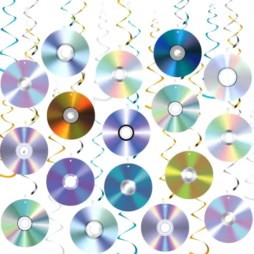 24 espirales colgantes de fiesta de los años 90, decoración retro de CD con temática de música, serpentinas de techo para fiestas de cumpleaños de
