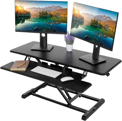 TechOrbits - Convertidor de escritorio de pie, regulable, para sentarse y pararse, madera de fibropanel de densidad media, bandeja para teclado,