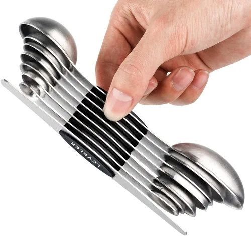 Juego de 8 cucharas medidoras magnéticas apilables de acero inoxidable de doble cara y cucharadas para medir ingredientes secos y líquidos Negro-8