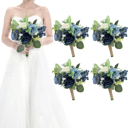 Juego de 4 ramos para dama de honor para boda - Ramos de flores artificiales de 7 pulgadas para decoración de centros de mesa de ceremonia y Azul