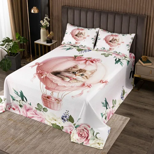 Miniatura 25 de Manfei Lindo pingüino para niños, tamaño individual, juego de colcha de princesa con lazo rosa con globo aerostático, decoración de habitación