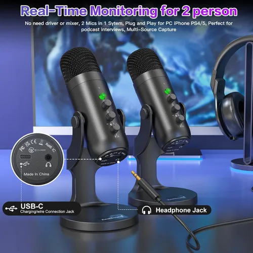 Miniatura 5 de ZealSound Micrófono de podcast, paquete de equipo de podcast para iPhone, PC, iPad Android, micrófono USB inalámbrico dual de 2.4 GHz con reducción