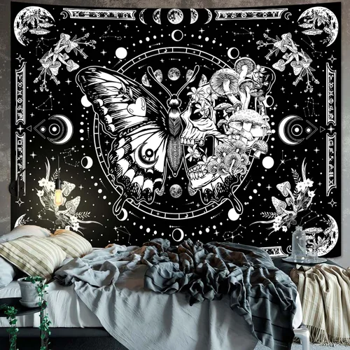 Miniatura 2 de Fungarth Tapiz de Esqueleto y Mariposa Blanco y Negro Calavera Hongos Plantas Tapices Hippie Estético Tapiz Colgante de Pared para Dormitorio Sala