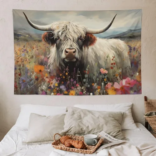 Miniatura 7 de FeoYoed Tapiz de vaca de las montañas para colgar en la pared, estético, lindo y divertido animal, decoración floral, dormitorio, sala de estar