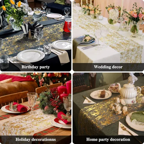 Miniatura 6 de Camino de mesa negro y dorado de 11 pulgadas x 49 pies de malla dorada metálica para despedida de soltera, comedor, boda, fiesta, decoración de mesa
