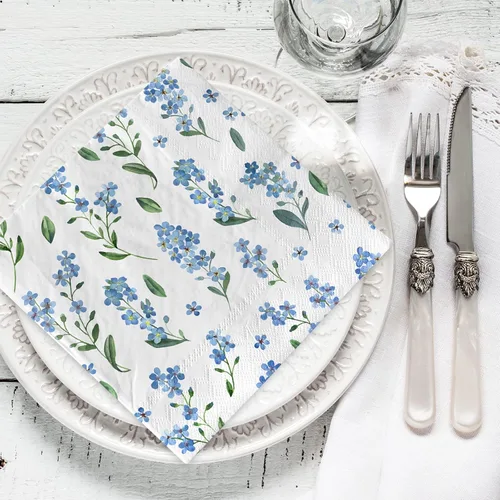 Miniatura 6 de AnyDesign Paquete de 80 servilletas de almuerzo florales azules, desechables, acuarela, flores, servilleta de papel, olvides de miosotis, Sylvatica