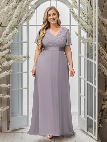 Miniatura 48 de Ever-Pretty Vestido formal para mujer, Navidad, Año Nuevo, cuello en V, gasa, talla grande, largo hasta el suelo, vestido de dama de honor