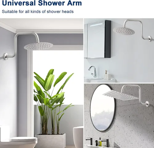 Miniatura 4 de NearMoon Brazo de extensión de ducha en forma de S con brida, tubo extensor de cabezal de ducha de altura alta de acero inoxidable, extensión Níquel