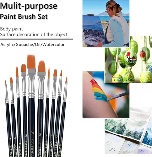 Miniatura 5 de GOTIDEAL Pinceles de pintura, pinceles de pintura acrílica, 10 piezas de punta redonda puntiaguda, pequeños cepillos de pelo de nailon
