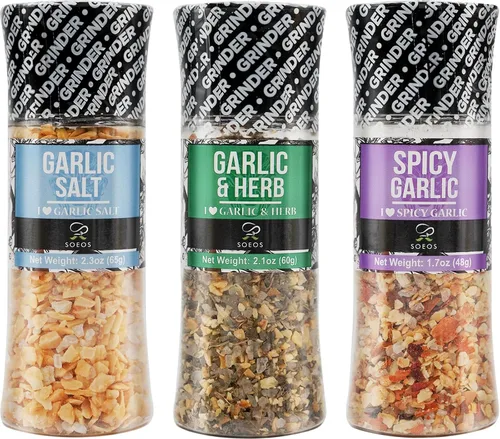 Miniatura 4 de Set de Condimentos Soeos de 3 con Molinillos Integrados, Ajo Picante, Ajo y Hierbas, Sal de Ajo, Set de Regalo de Condimentos.