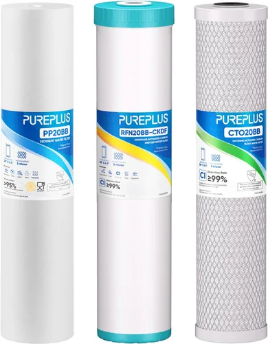 PUREPLUS Kit combinado de cartucho de filtro de agua de 3 etapas para toda la casa de 4.5 x 20 pulgadas con sedimento, KDF y carbón activado