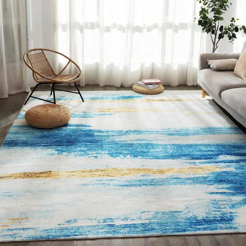 Miniatura 42 de Carvapet 9x12 Alfombras grandes para sala de estar y dormitorio, alfombra moderna lavable azul de pelo bajo con respaldo de goma, plegable, alfombra