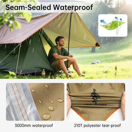 Miniatura 3 de FREE SOLDIER Lona impermeable portátil multifuncional para exteriores, camping, viajes; toldo de mochilero, refugio contra la lluvia Marrón verdoso