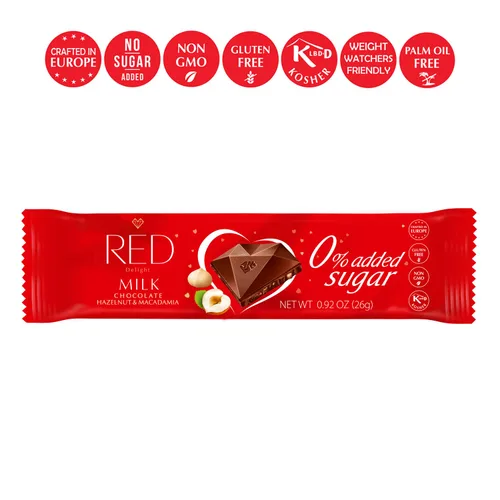 Miniatura 5 de RED Delight - Barras de chocolate con leche de avellana y macadamia sin azúcar añadida, paquete de 24