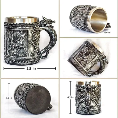 Miniatura 2 de Taza medieval GOT Dragon D&D Game Mug of Thrones Merchandise Beer Steins Viking Tankard Taza de café de acero inoxidable para coleccionista
