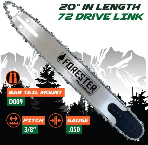 Miniatura 3 de FORESTER Combo de barra guía de motosierra de repuesto Platinum de 20" y cadena - 20 pulgadas de longitud, paso de 3/8", calibre .050, montaje D009