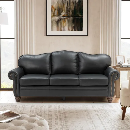 Miniatura 17 de El apoyo que necesitas 152 cm de ancho Sofá Chesterfield de cuero genuino, sofá con brazos enrollados, reborde con clavos para muebles de sala