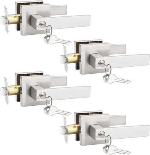 Miniatura 19 de KNOBWELL Juego de 6 manijas de puerta de entrada resistentes color negro mate con llave igual/combo con llave, manija de puerta clásica