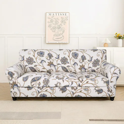 Miniatura 2 de SearchI - Funda de sofá elástica con estampado floral, 4 piezas, incluye 3 fundas de cojín independientes, protector lavable para muebles de sala