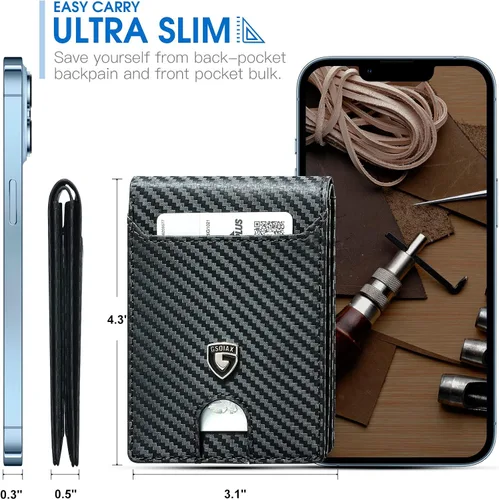 Miniatura 3 de GSOIAX Billetera delgada para hombre con bloqueo RFID, carteras plegables para hombre, minimalista, cuero auténtico, fibra de carbono, clip