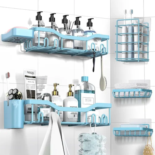 Miniatura 10 de NESOMI Organizador de Ducha Adhesivo Juego de 7 Piezas, Estantes de Baño de Acero Inoxidable a Prueba de Óxido, Accesorios de Almacenamiento sin
